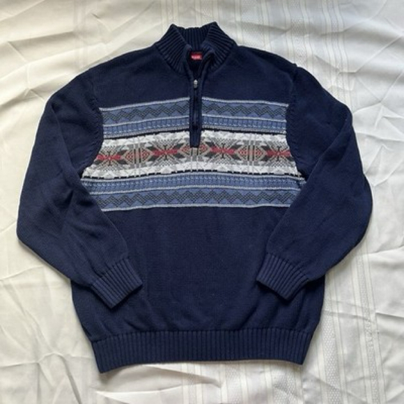 IZOD Quarter Zip Mock Neck Sweater XL Navy Snowflake Pattern Holiday Preppy - Picture 1 of 9